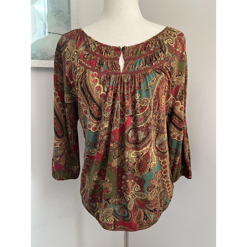 Lauren Ralph Lauren Top Womens Medium Multicolor Paisley 3/4 Sleeve Boho Tunic - Picture 1 of 8